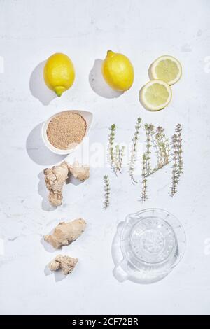 Top view set of various ingredients for recipe of healthy refreshing ginger and thyme lemonade arranged on white marble table Stock Photo