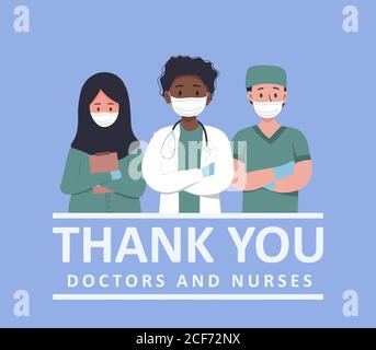 Thank you to the doctors and nurses for their help and saved lives. Set of portraits of male and female medical workers. Thank you heroes, vector Stock Vector