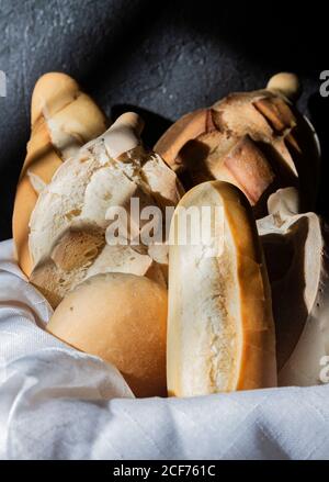 Composition of fresh bread loaves in basket Stock Photo