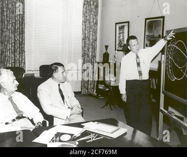 On June 28, 1958, Charles Lundquist (right) gave a presentation on orbital trajectories at the Army Ballestic Missile Agency in Huntsville, Alabama to Hermann Oberth (left) and Wernher Von Braun (center). Von Braun was an active proponent of utilizing space stations as 'base camps' to other planets and satellites. Hermann Oberth was Von Braun's mentor and was a pioneer in suggesting that space stations would be essential if humans wished to travel to other planets. Charles Lundquist was the chief of the Physics and Astrophysics branch within the former Research Projects Division at NASA's Mars