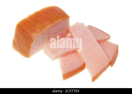 Food of the future concept - small slices of smoked  pork ham. Isolated on white studio macro Stock Photo