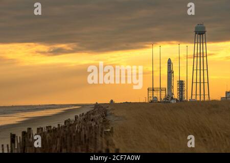 An Orbital Sciences Corporation Antares rocket is seen on launch Pad-0A at NASA's Wallops Flight Facility, Monday, January 6, 2014 in advance of a planned Wednesday, Jan. 8th, 1:32 p.m. EST launch, Wallops Island, VA. The Antares will launch a Cygnus spacecraft on a cargo resupply mission to the International Space Station. The Orbital-1 mission is Orbital Sciences' first contracted cargo delivery flight to the space station for NASA. Among the cargo aboard Cygnus set to launch to the space station are science experiments, crew provisions, spare parts and other hardware.   More info: http://1.