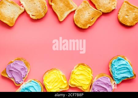 Variety spreads on bread slices. Layout top view Stock Photo