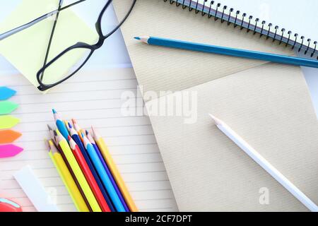 Close-up colored pencils for drawing white sheets Stock Photo