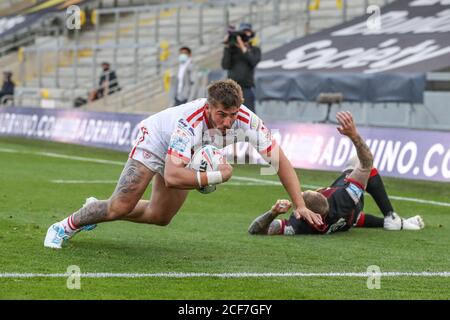 Greg Minikin (5) of Hull KR breaks through to go over for a try Stock Photo