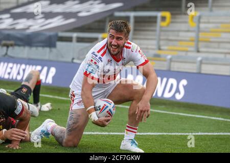 Greg Minikin (5) of Hull KR celebrates his try Stock Photo