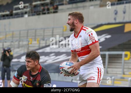 Greg Minikin (5) of Hull KR celebrates his try Stock Photo