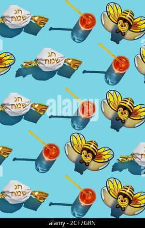 Pattern Jar with honey and shadow on a blue background, bee with shadow and candy cane with the inscription in Hebrew - Happy holiday. The concept of Stock Photo