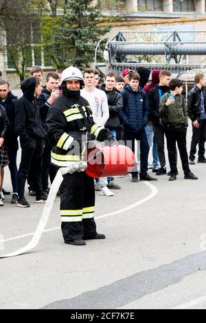 04 24 2019. Divnoye, Stavropol Territory, Russia. Demonstrations of rescuers and firefighters of the local fire department in the agrotechnical school Stock Photo