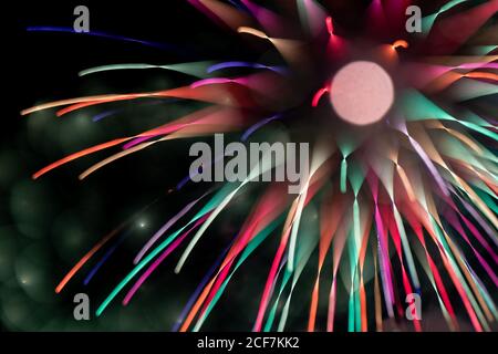 Bright fireworks on night sky Stock Photo