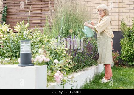 Horizontal shot of modern senior woman watering flowers in her garden, copy space Stock Photo