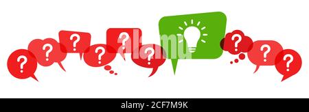 speech bubbles with red question marks and with green light bulb symbolizing idea or solution Stock Vector