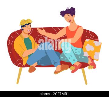 Man and woman, couple or roommates sitting on coach and talking, flat vector. Stock Vector