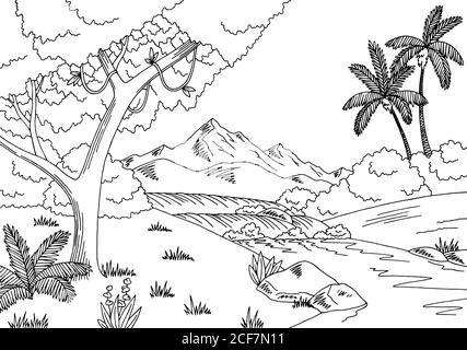 Jungle river graphic black white landscape sketch illustration vector Stock Vector