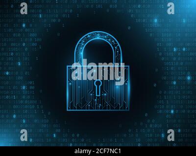 Futuristic security lock from a computer circuit board. Luminous software binary code. Vector illustration. EPS 10. Stock Vector