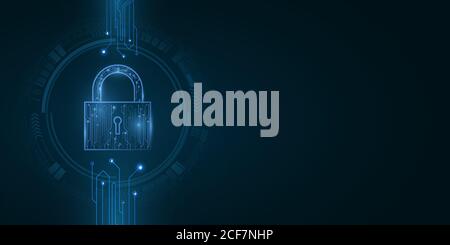 Security futuristic lock in user interface with HUD elements. Password protection of computer system data. Glowing computer circuit board. Vector illu Stock Vector