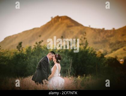 Smiling groom and bride hugging and kissing in park Stock Photo