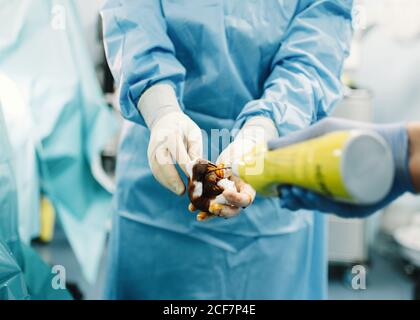 Crop hands of medic pouring iodine to tampon for disinfecting patient during surgery in operating room Stock Photo