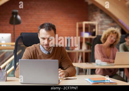 Mature businessman sitting at his workplace and looking at monitor of laptop he concentrating on his work with his colleagues in the background Stock Photo