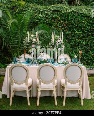 Wedding set up in tropical garden Stock Photo