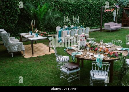 Wedding set up in tropical garden Stock Photo