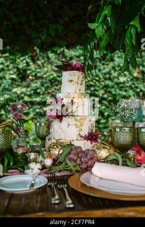 Setting wedding table with cake Stock Photo