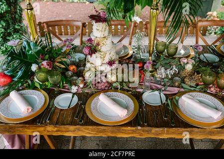 Setting wedding table with cake Stock Photo