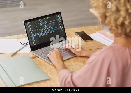 Rear view of programmer sitting at the table and typing on laptop computer she testing new computer program Stock Photo