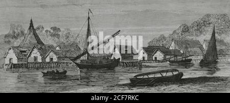 Southeast Asia. Brunei Town (formerly name of the capital of Brunei). View of the port, capital of the Malay sultanate. Engraving by Bernardo Rico (1825-1894). La Ilustracion Española y Americana, 1881. Stock Photo