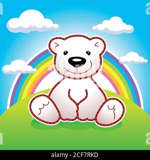 Toy bear sitting on meadow under rainbow and clouds vector logo. Animated bear. Ad, illustration for toys shop or book of tales. Greeting card design. Stock Vector