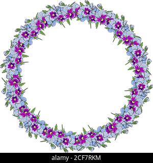 Hand drawn colorful pansy flowers circular wreath. Stock Vector