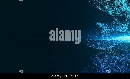 Abstract blue colorful particle wave on side. Small round dot on black background. Copy space, 3D rendering Stock Photo