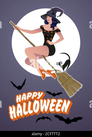 Beautiful pinup witch flying on a broom with a black cat. Happy ...