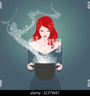 Beautiful retro styled red-haired girl holding a magic cauldron. Vintage witch casting a spell Stock Vector