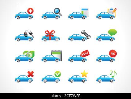 Set of interface vector icons for cars service or lease business. To buy car, auto parts. Web signs for taxi. Buttons new, yes, no, star, to order. Stock Vector