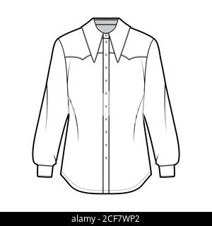 Western-inspired shirt technical fashion illustration with long sleeves with cuff, front button-fastening, exaggerated point collar. Flat template front white color. Women men unisex top CAD mockup Stock Vector