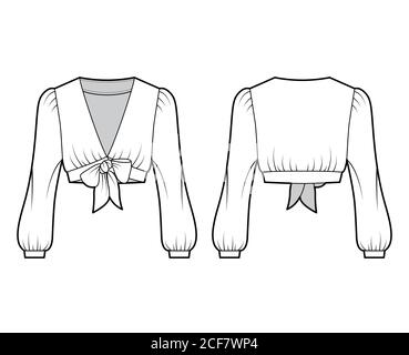 Tie-front cropped shirt technical fashion illustration with voluminous long sleeves, plunging neckline. Flat blouse apparel template front, back, white color. Women, men, unisex top CAD mockup.  Stock Vector