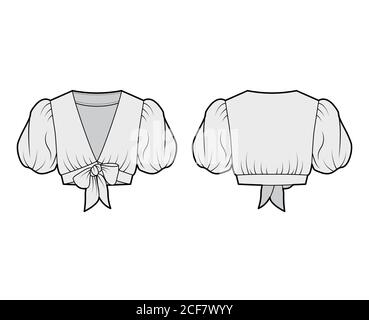 Tie-front cropped shirt technical fashion illustration with voluminous short puff sleeves, plunging neckline. Flat blouse apparel template front, back, grey color. Women, men, unisex top CAD mockup.  Stock Vector