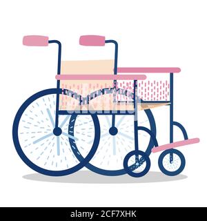 cartoon wheelchair with pink elements and beige back and seat. Hand drawn style. vector illustration isolated on white background. Stock Vector