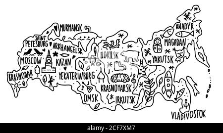 Hand drawn doodle Russia map. Russian city names lettering and cartoon landmarks, tourist attractions cliparts. travel, banner concept design. Moscow Stock Vector