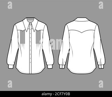 Western-inspired pintucked shirt technical fashion illustration with long sleeves, front button-fastening, exaggerated point collar. Flat template front back white color. Women unisex top CAD mockup Stock Vector