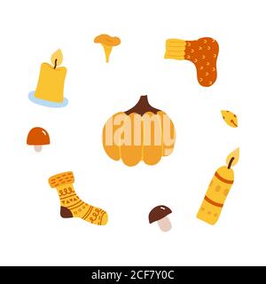 autumn orange pumpkin surrounded by candles, mushrooms, socks. Cozy concept by Hugge. vector illustration isolated on white background. Stock Vector