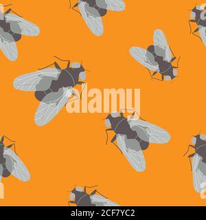 Seamless pattern with flies on orange background Stock Vector