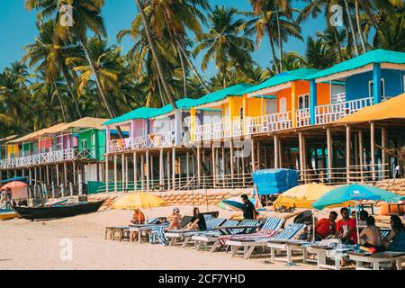 Canacona, Goa, India. People Resting At Famous Palolem Beach In Summer Sunny Day. Stock Photo