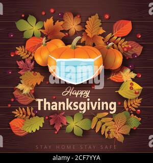 Happy thanksgiving greeting design with pumpkin wearing surgical mask and autumn leaves. coronavirus, covid 19 concept. vector illustration Stock Vector