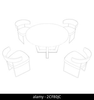 Outline chairs stand around the table. Perspective view. 3D. Vector illustration Stock Vector