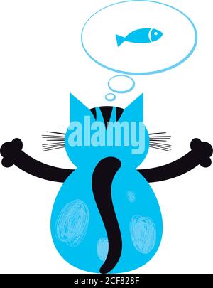 Cat dreams logo. Dreaming and thinking cat, fish in dialog cloud. Pets food business sign. Cats back vector illustration. Abstract isolated graphics Stock Vector