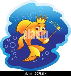 Golden fish princess vector animation illustration. Ethnic fairy magic symbol of miracles. Vintage sea animals queen sign with wand. Beauty & fashion. Stock Vector