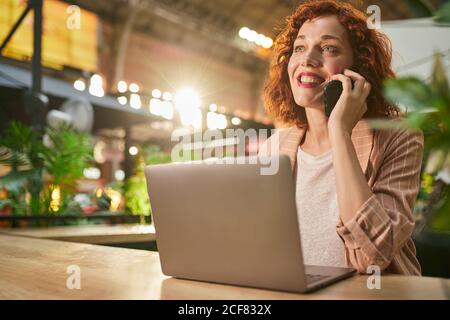 Young Woman talking on phone while working on laptop Stock Photo