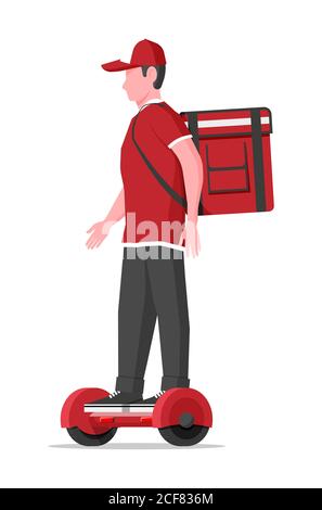 Delivery man riding hoverboard with the box. Concept of fast delivery in the city. Male courier with parcel box on his back with goods and products. Cartoon flat vector illustration Stock Vector